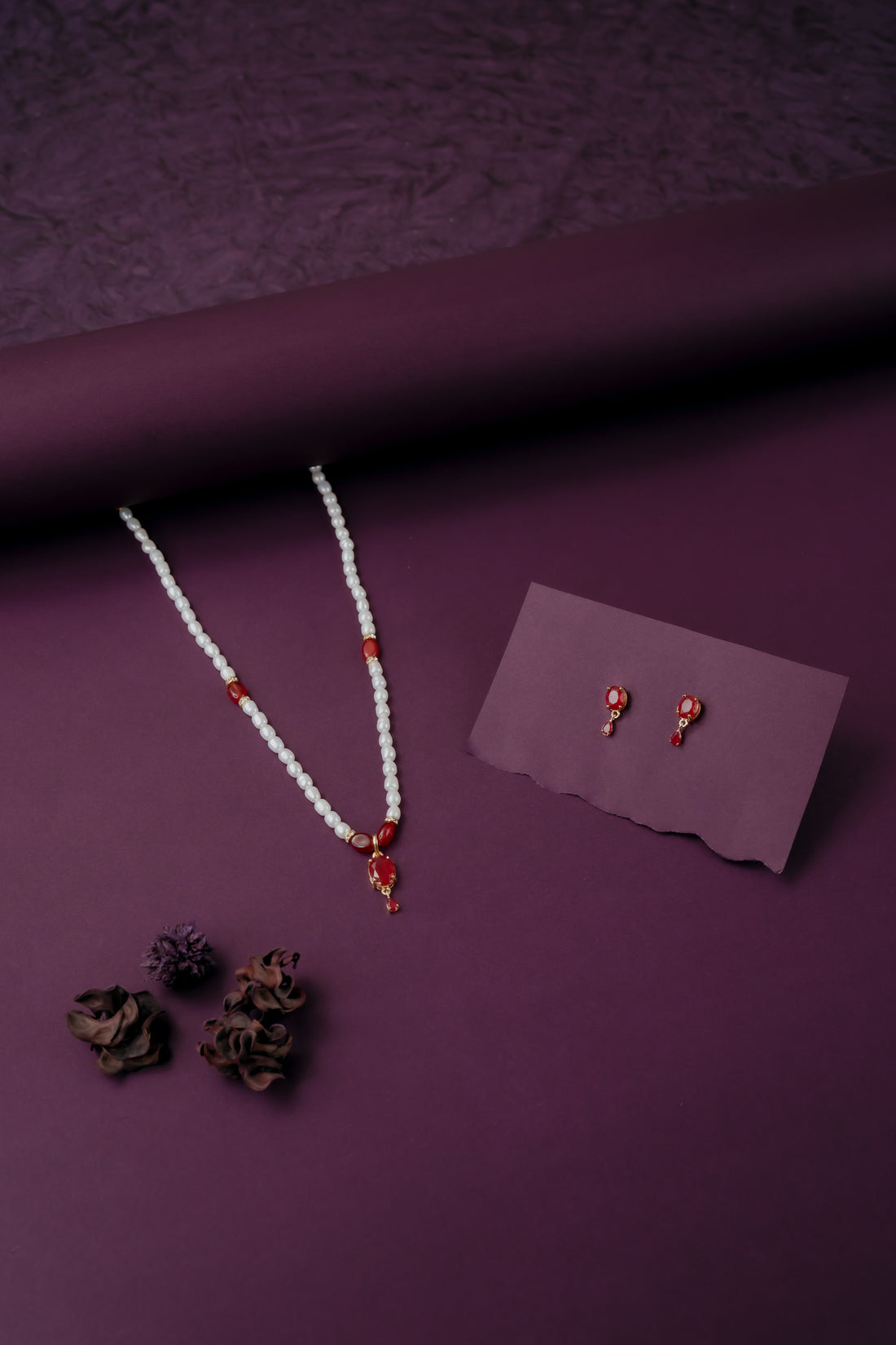 Ruby Rekha Red Single line Pearl Set