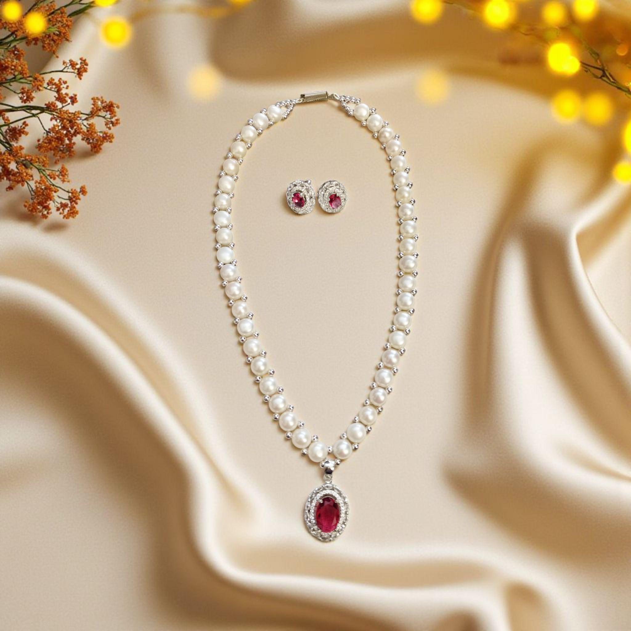 Gulabi Noor Single line Real Pearl Set
