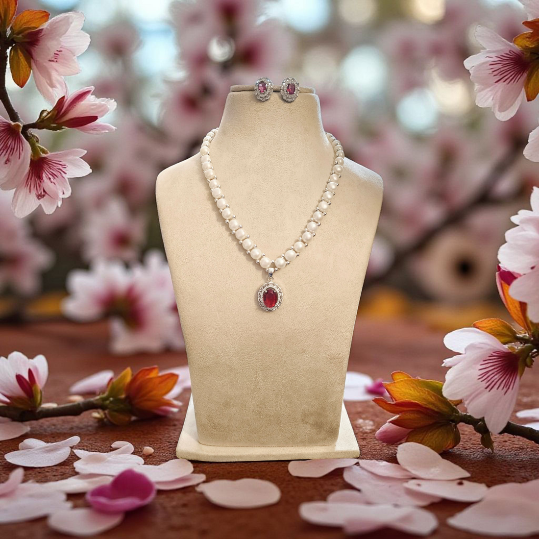 Gulabi Noor Single line Real Pearl Set