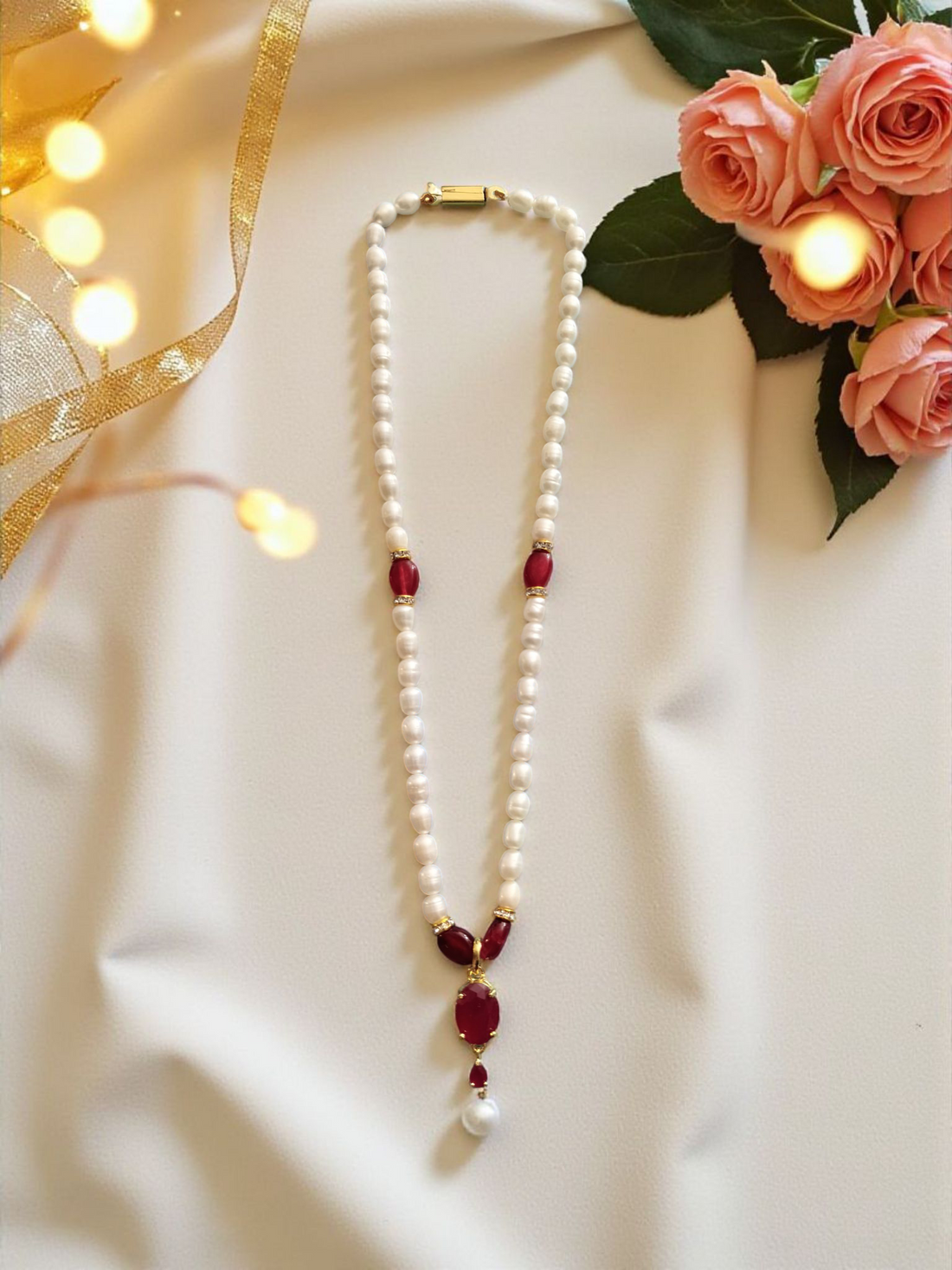 Ruby Rekha Red Single line Pearl Set