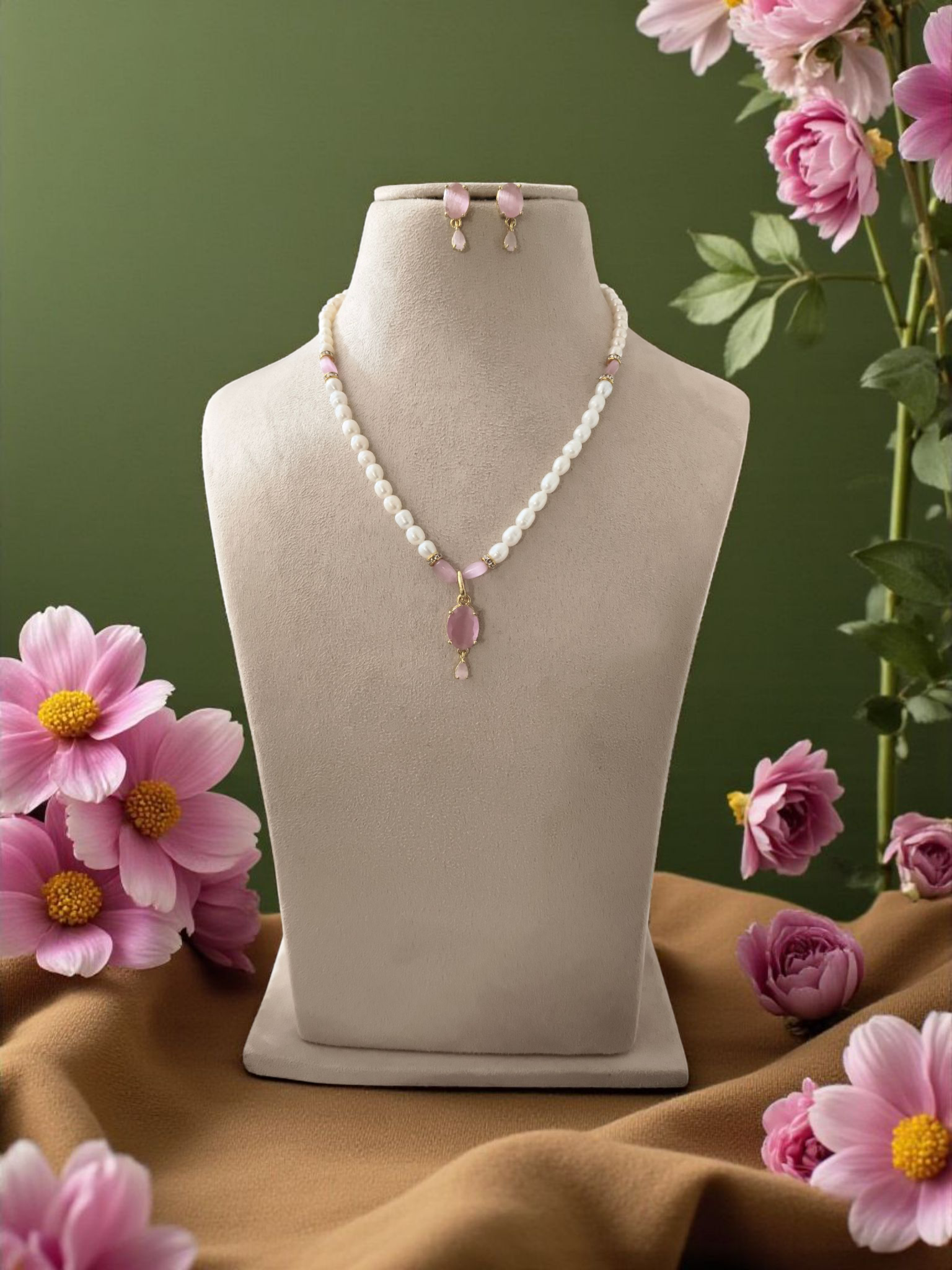 Kumudini Pink Single line Pearl Set
