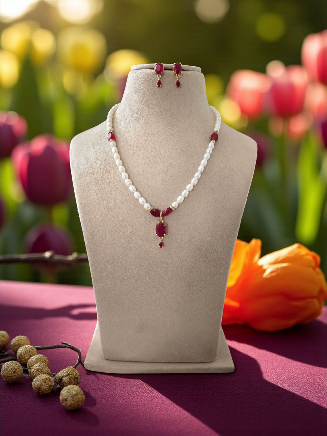 Ruby Rekha Red Single line Pearl Set