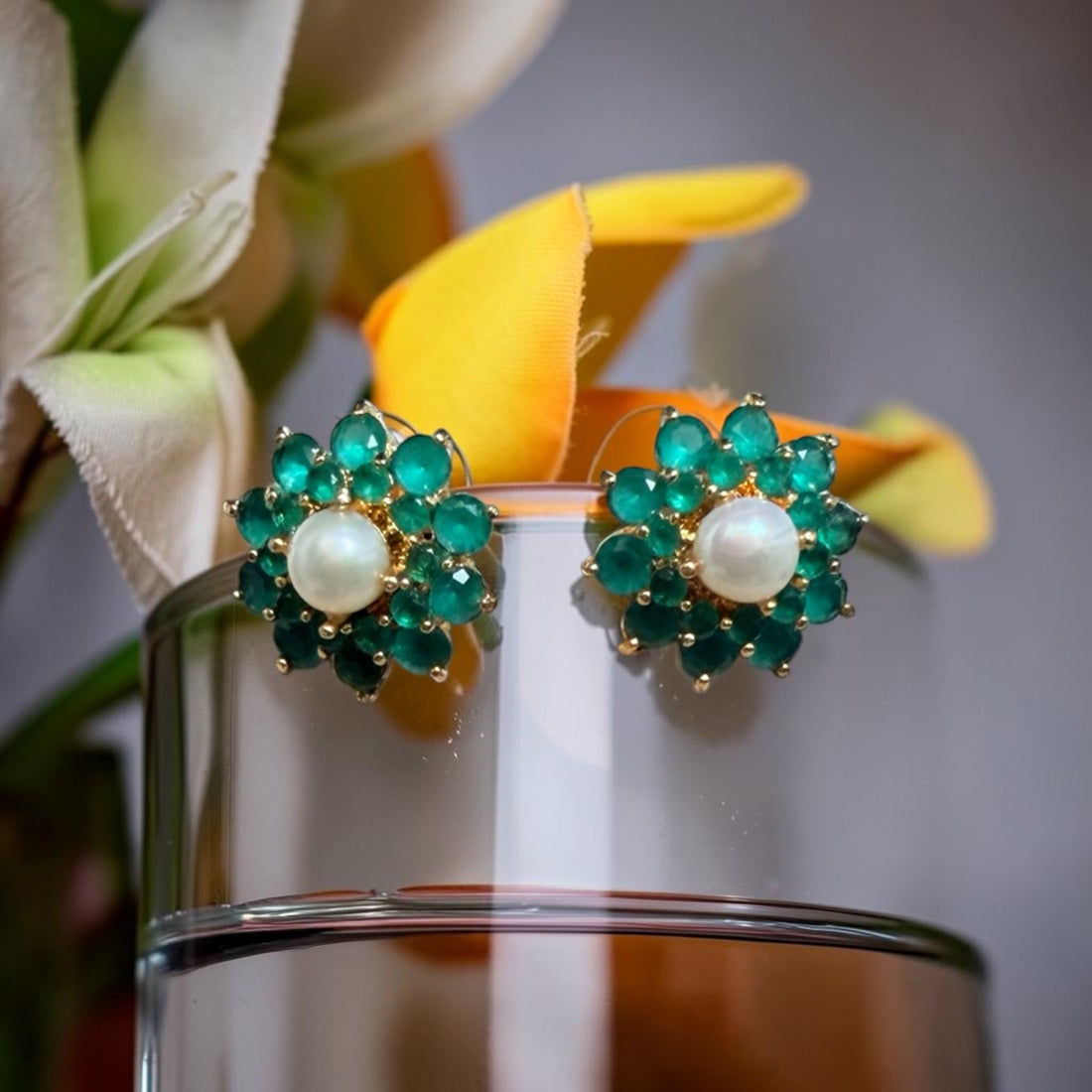 Emerald Bloom Pearl Studs